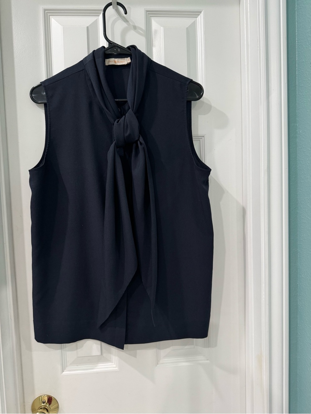 Tory Burch Navy size 12  Button-Front Sleeveless with removable tie  Top